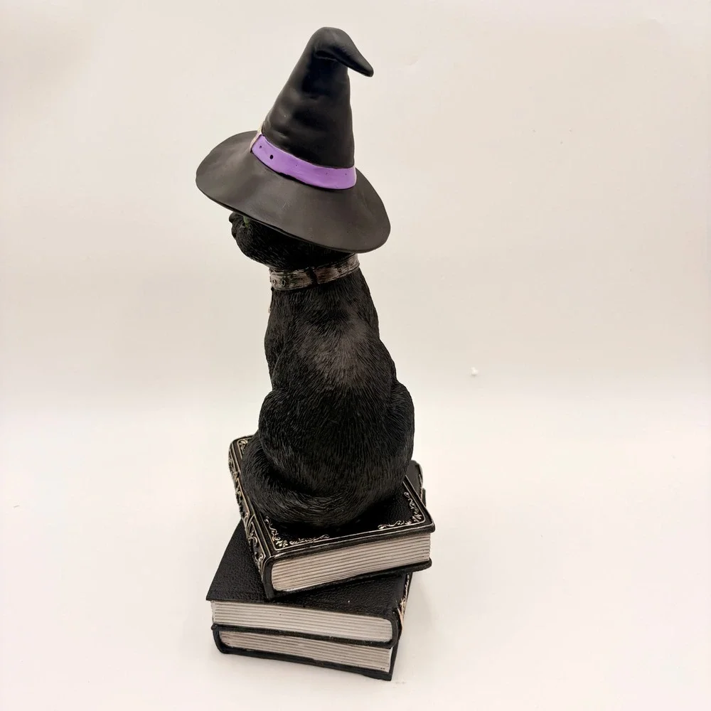 Black Cat Witch Figurine on Spell Books Gothic Halloween Decor Green Eyes Hat